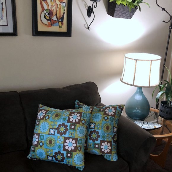 ✨ Vintage Retro Mod 1970s Blue Green Flower Power Floral Throw Pillow - Picture 7 of 8